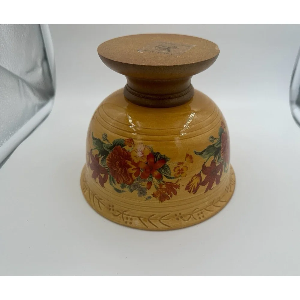 FTD Vintage Floral Ceramic Bowl With Wood‎ Pedestal Yellow & Red Retro 1970's